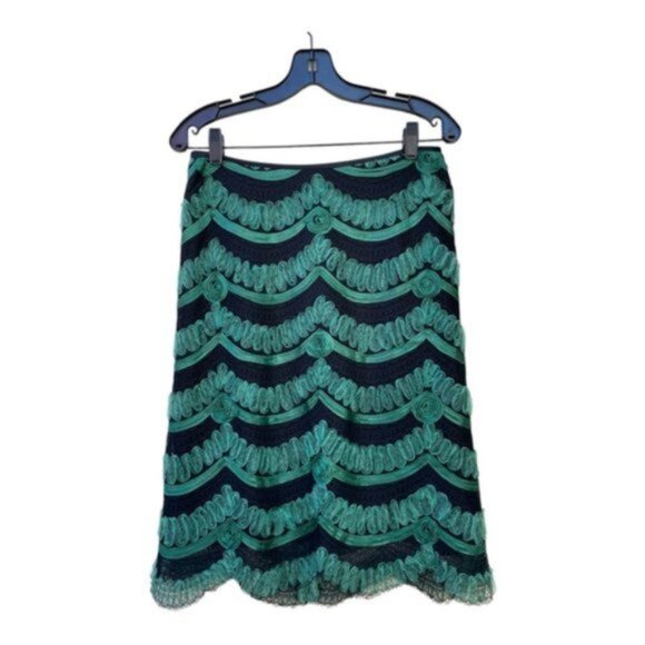 Pamela Barish Black & Green Scallop Tulle & Lace Pencil Skirt Sz 6 - Picture 6 of 6